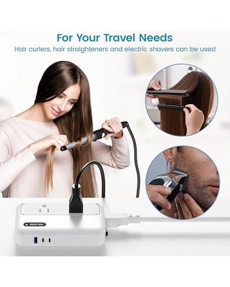 BESTEK 220V to 110V Voltage Converter Universal Travel Adapter for Hair Straightener Curling Iron PD35W 1 USB-A 2 USB-C Port